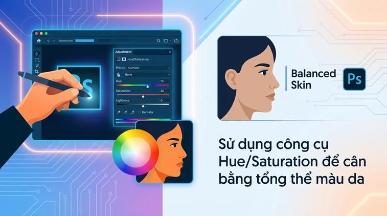Sử dụng công cụ Hue/Saturation để cân bằng tổng thể màu da