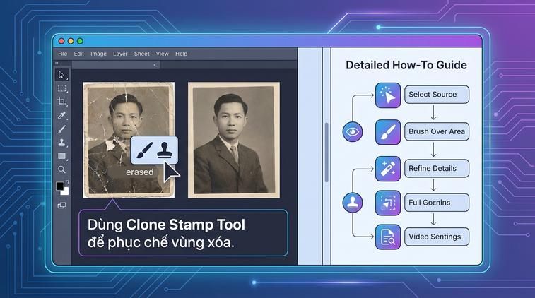 Dùng Clone Stamp Tool để phục chế vùng xóa