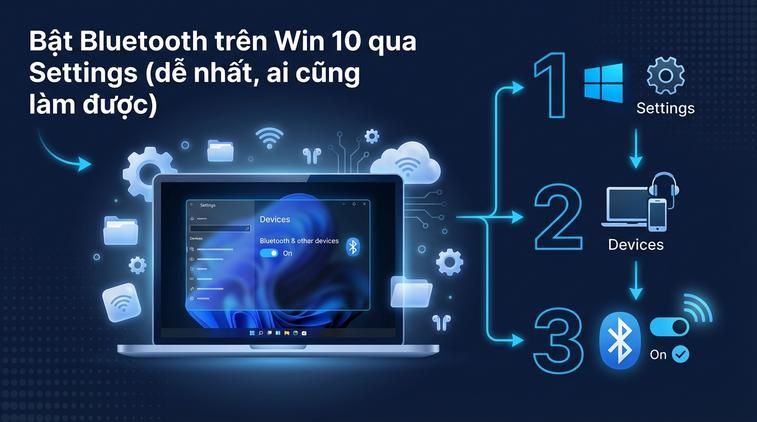 Bật Bluetooth trên Win 10 qua Settings (dễ nhất, ai cũng làm được)